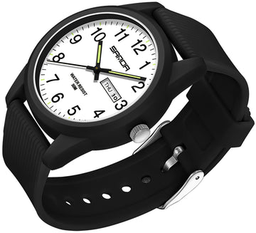 Findtime Day Date Watches for Men Easy Read Dial with Luminous Analog Second Hand Gold Arabic Numerals Waterproof White Silicone Band